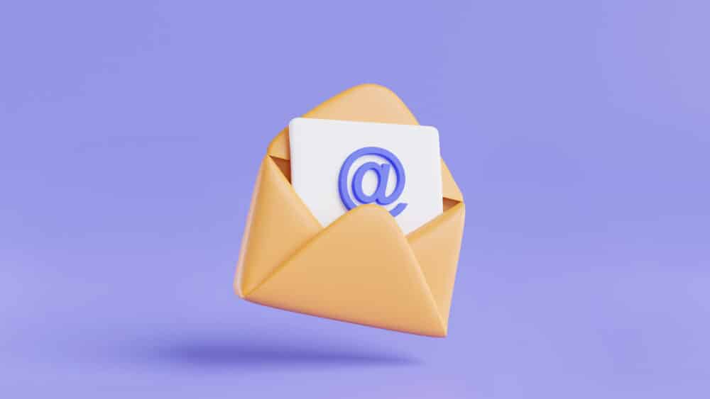 3d icon rendering illustration of Envelope with letter paper document. Mail icon, online message, Email message, mail icon, Card and invitations. Cartoon minimal style on purple background