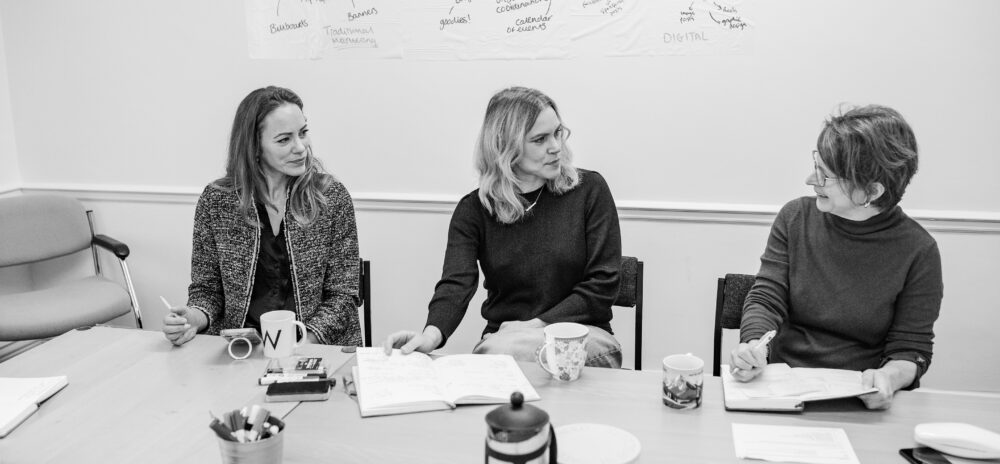 Black and white photo of Your Marketing Team, from left to right pictured is: Laura Taylor PR Consultant, Beccy Tombs Lead Consultant, Sue Land Founder & Lead Consultant