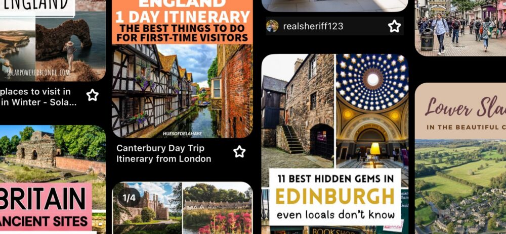 Is Pinterest the missing piece of your SME's social media marketing strategy? Shows a board of UK travel destination pins in Pinterest on a black background.