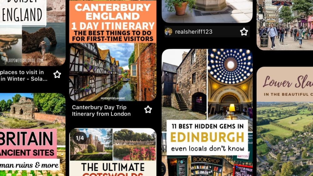 Is Pinterest the missing piece of your SME's social media marketing strategy? Shows a board of UK travel destination pins in Pinterest on a black background.