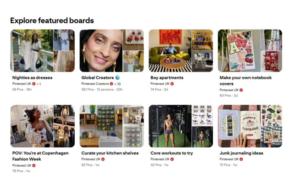 Screenshot from Pinterest exploring featured boards with a range of topics, from fashion and exercise to creative boards like junk journalling
